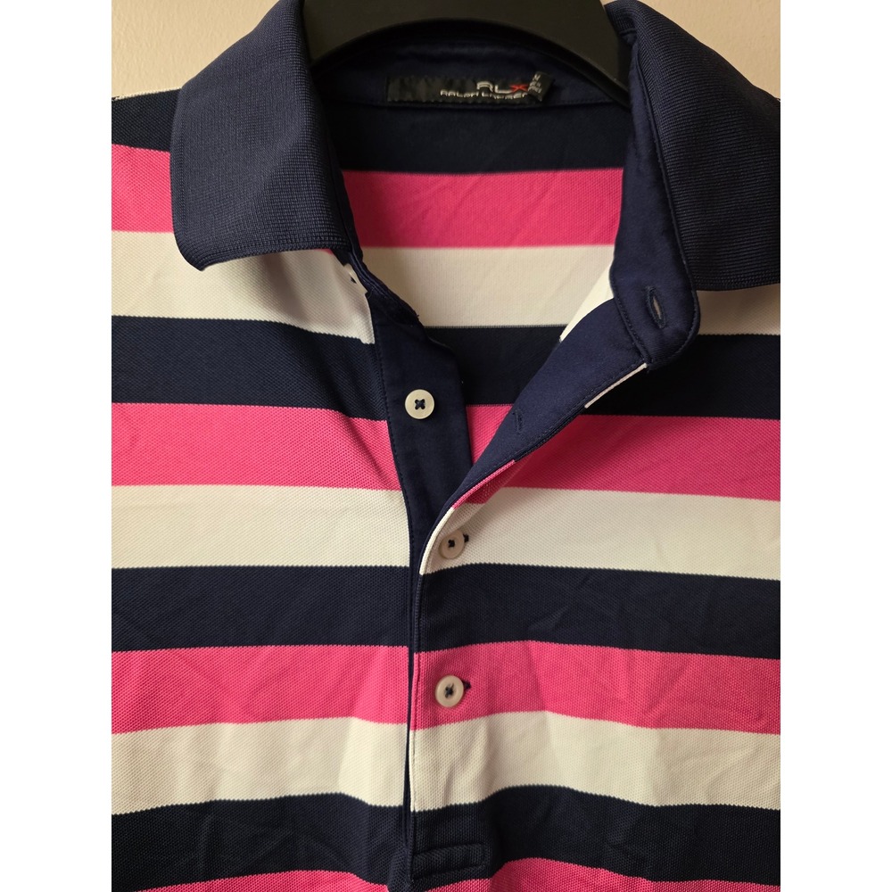 RLX Ralph Lauren Mens Striped Polo Shirt Pink Navy Blue White Performance M - Picture 2 of 5